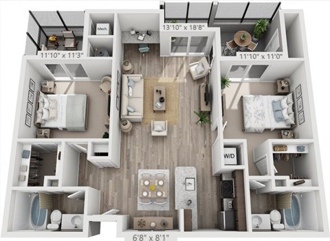 Floor plan for 2 beds, 2 baths, 1000 sqft